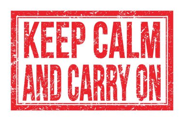 CALM VE CARRY OL, kırmızı dikdörtgen damgası üzerine yazılmış kelimeler