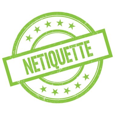 NETIQUETTE yeşil yuvarlak vintage kauçuk damga üzerine yazılmış metin.