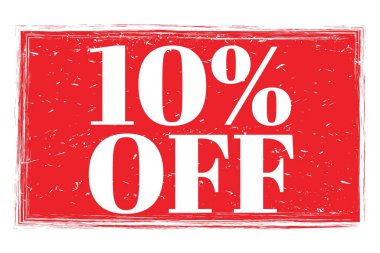 % 10 indirimli, kırmızı pul üzerine yazılmış kelimeler.