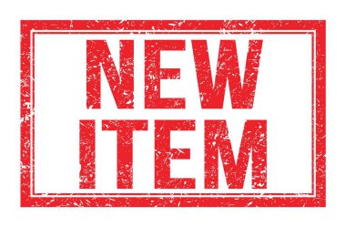 NEW ITEM, kırmızı dikdörtgen mühür işareti üzerine yazılmış kelimeler