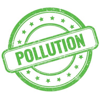 Yeşil vintage grungy üzerine POLUTION metin yuvarlak kauçuk damga.