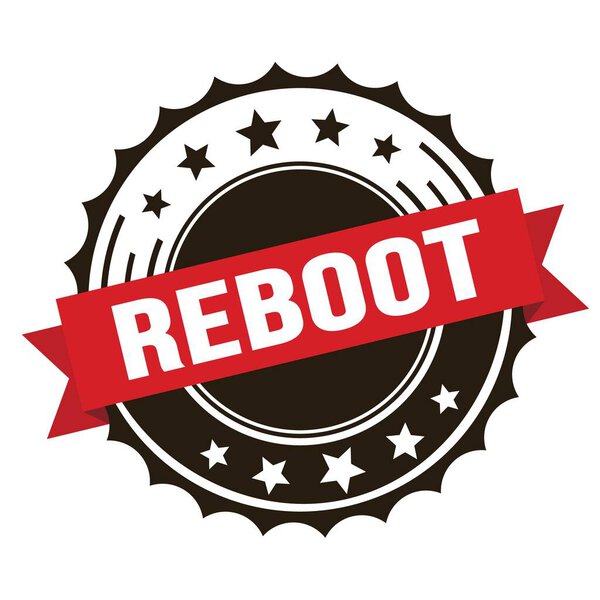 REBOOT text on red brown ribbon badge stamp.