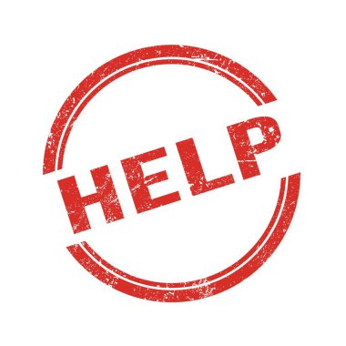Kırmızı grungy vintage yuvarlak pulu üzerine yazılmış yardım metni.