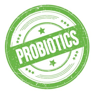 Yeşil yuvarlak grungy doku damgası üzerine PROBIOTICS metni.