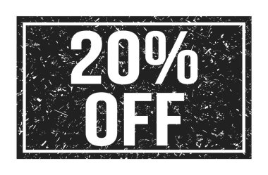 % 20 indirimli, siyah dikdörtgen mühür işareti üzerine yazılmış kelimeler