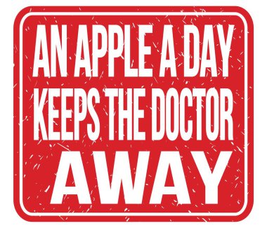 Günde bir elma doktoru uzak tutar, kırmızı pul üzerine yazılmış bir metin.