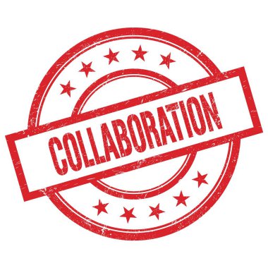 Kırmızı, yuvarlak, lastik damga üzerine yazılmış COLLABORATION metni.