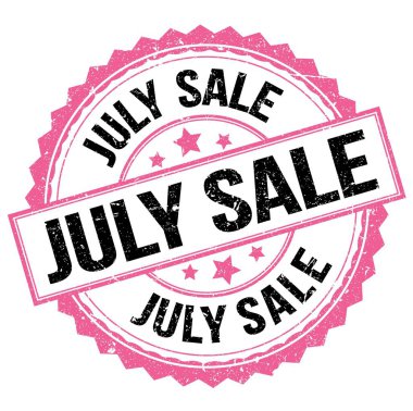 Pembe-siyah yuvarlak pul işareti üzerine yazılmış JULY satış metni