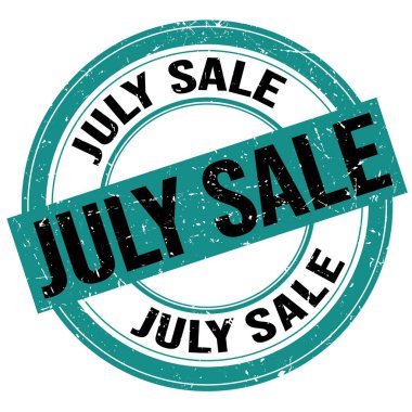 Mavi-siyah yuvarlak grungy mühür işareti üzerine yazılmış JULY satış metni