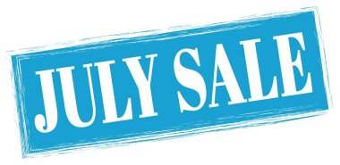 Mavi dikdörtgen damga işareti üzerine yazılmış JULY satış metni.