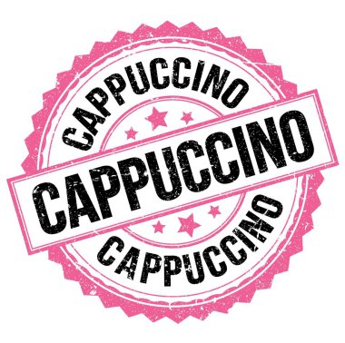 Pembe-siyah yuvarlak pul işareti üzerine yazılmış CAPPUCCINO metni