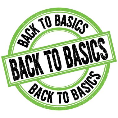 Yeşil-siyah yuvarlak pul işareti üzerine yazılmış BASICS metnine geri dön