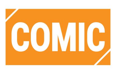 COMIC text written on orange rectangle stamp sign.