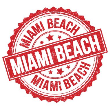 MIAMI BEACH kırmızı yuvarlak pul işareti üzerine yazılmış metin