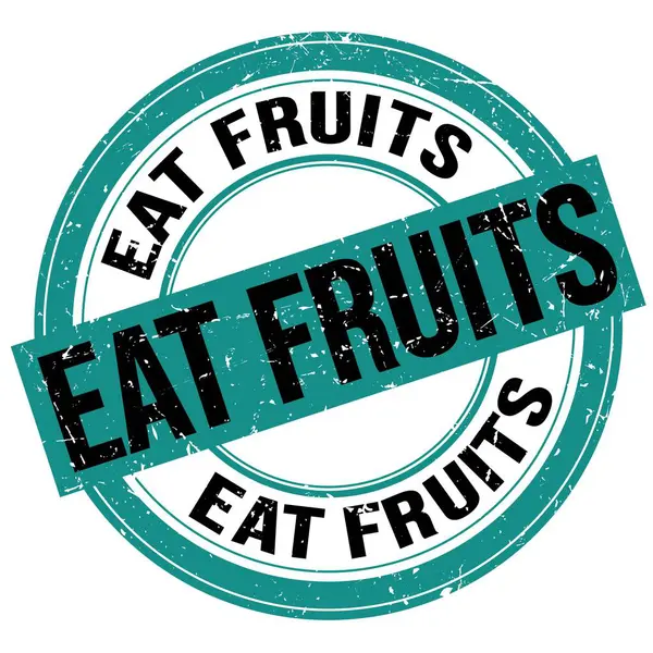 Comer Frutas Texto Escrito Azul Negro Ronda Signo Sello Grungy —  Fotos de Stock