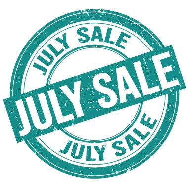 Mavi yuvarlak grungy işareti üzerine yazılmış JULY satış metni