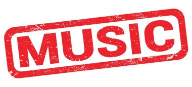 Kırmızı dikdörtgen damga işareti üzerine yazılmış MÜZİK metin.