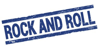 ROCK AND ROLL text written on blue rectangle stamp sign.