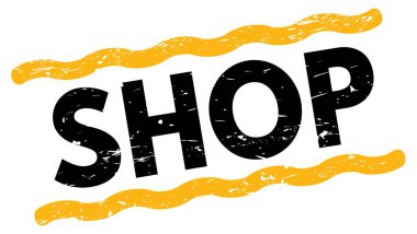 SHOP text written on yellow-black lines stamp sign.