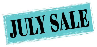 Mavi-siyah dikdörtgen mühür işareti üzerine yazılmış JULY satış metni.