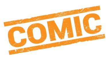 COMIC text written on orange rectangle stamp sign.