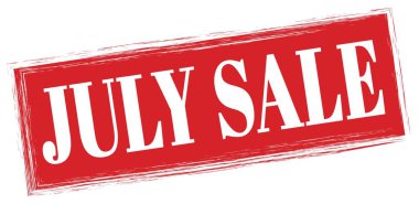 Kırmızı dikdörtgen mühür işareti üzerine yazılmış JULY satış metni.