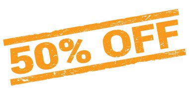 Turuncu dikdörtgen mühür işareti üzerine yazılmış% 50 indirimli metin.