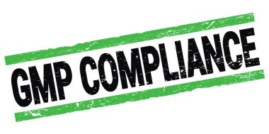 Siyah-yeşil dikdörtgen pul işareti üzerine yazılmış GMP COMPLIANCE metni.
