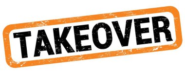 Turuncu-siyah dikdörtgen mühür işareti üzerine yazılmış TAKEover metni.