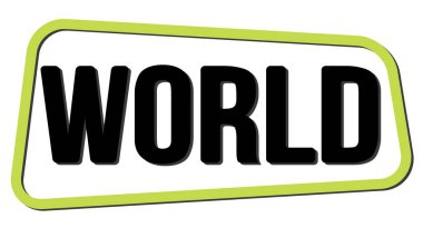 Yeşil-siyah trapez damgası üzerine yazılmış dünya metni.