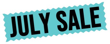 Mavi-siyah zig-zag mühür işareti üzerine yazılmış JULY satış metni.