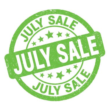 Yeşil grungy mühür işareti üzerine yazılmış JULY satış metni.