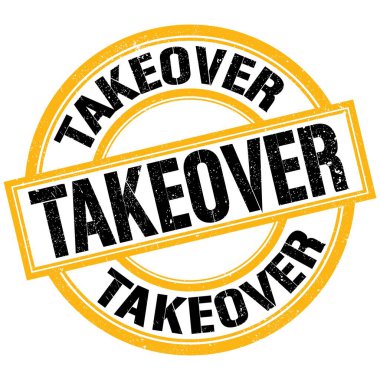 Sarı-siyah yuvarlak mühür işareti üzerine yazılmış TAKEover metni