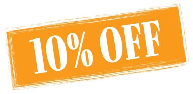 Turuncu dikdörtgen mühür işareti üzerinde% 10 indirimli metin.
