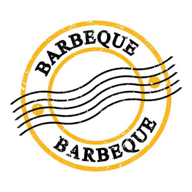 BARBEQUE, sarı-siyah grungy posta pulu üzerine yazılmış metin.