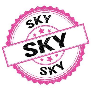 Pembe-siyah pul işareti üzerine yazılmış SKY metni