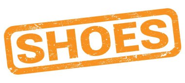 SHOES text written on orange rectangle stamp sign.