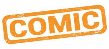 COMIC text written on orange rectangle stamp sign.