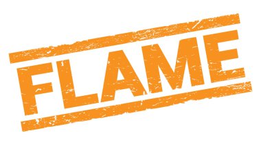 FLAME text written on orange rectangle stamp sign.