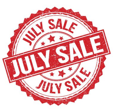 Kırmızı yuvarlak pul işareti üzerine yazılmış Temmuz satışı metni
