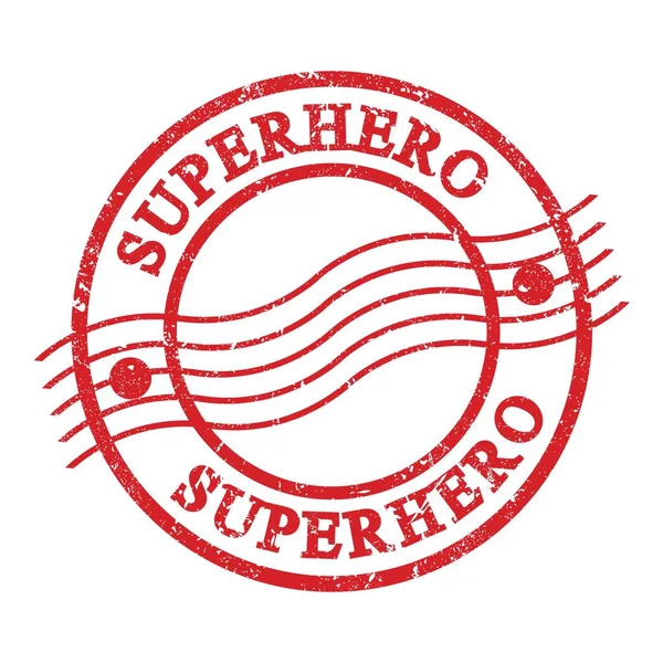 Superhero Text Written Red Grungy Postal Stamp — 图库照片