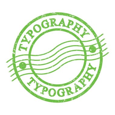 TYPOGRAPHY, yeşil grungy posta pulu üzerine yazılmış metin.