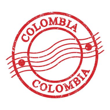 COLOMBIA, text written on red grungy postal stamp.