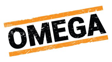 OMEGA text written on orange rectangle stamp sign.