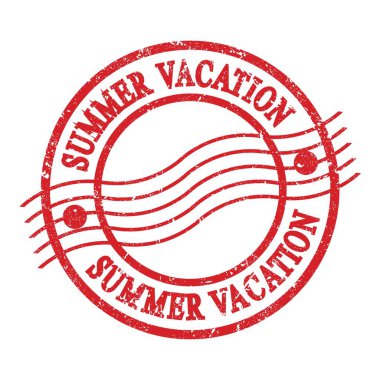 SUMMER VACATION, text written on red grungy postal stamp.
