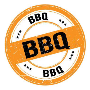 BBQ text written on orange-black round grungy stamp sign