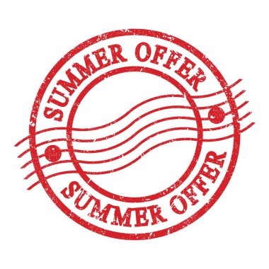 SUMMER OFFER, text written on red grungy postal stamp.