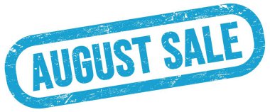 AUGUST SALE, text on blue rectangle stamp sign.