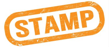 STAMP, text written on orange rectangle stamp sign.