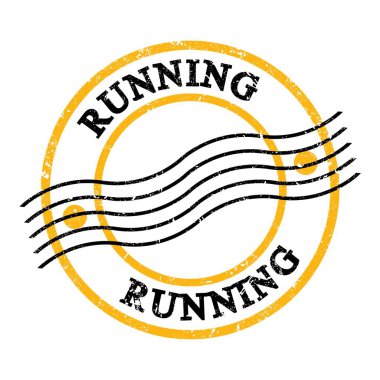RUNNING, text written on yellow-black grungy postal stamp.